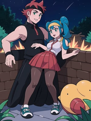 HD Quality, Pokémon Arceus Switch Style. | A charming 20-year-old Pokémon trainer, wearing a snug sleeveless white shirt, accordion-pleated red skirt, and black sneakers, stands out in the night forest park. Her blue hair, with an imposing fringe and two pigtails, is accentuated by a headband. She adopts a sensual pose, interacting with two Pokémon, one aquatic and the other terrestrial, amidst modern and natural structures of logs and bricks. | The camera, very close, focuses on every detail of the trainer's body and the interaction with the Pokémon. | Night effects highlight the vibrant colors of the Pokémon and the soft illumination of the park. | Captivating scene of a Pokémon trainer interacting with her companions in a night park. | She is adopting a ((sensual pose as interacts, boldly leaning on a large structure in the scene, leaning back in a sensual way, adding a unique touch to the scene.):1.3), ((full body image)), perfect hand, fingers, hand, perfect, better_hands, More Detail,