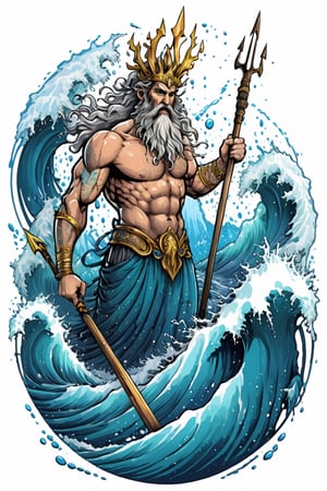 bits of color, hand drawn, realistic sketch, Rough sketch, splash art, dripping ink, bold lines, Artwork of T-shirt design, poseidon, hold trident, stormy sea, in a perfect circle shape, flat illustration, vibrant vector, vector image, vintage drawing, white background, 8k