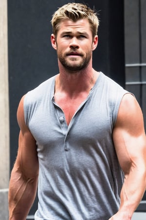 Chris Hemsworth, a Atlas Farnese, holding a huge sex toy on his shoulders, minimum of clothing, flexing muscles, magnetic, inviting look, winking at passers-by