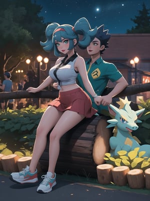 HD Quality, Pokémon Arceus Switch Style. | A charming 20-year-old Pokémon trainer, wearing a snug sleeveless white shirt, accordion-pleated red skirt, and black sneakers, stands out in the night forest park. Her blue hair, with an imposing fringe and two pigtails, is accentuated by a headband. She adopts a sensual pose, interacting with two Pokémon, one aquatic and the other terrestrial, amidst modern and natural structures of logs and bricks. | The camera, very close, focuses on every detail of the trainer's body and the interaction with the Pokémon. | Night effects highlight the vibrant colors of the Pokémon and the soft illumination of the park. | Captivating scene of a Pokémon trainer interacting with her companions in a night park. | She is adopting a ((sensual pose as interacts, boldly leaning on a large structure in the scene, leaning back in a sensual way, adding a unique touch to the scene.):1.3), ((full body image)), perfect hand, fingers, hand, perfect, better_hands, More Detail,