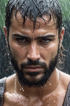 A close-up of Leonidas in the pouring rain, his face a mix of grit and defiance, rain-soaked hair clinging to his forehead. The scene exudes raw intensity and courage. Presented as a Realistic Photograph with a 50mm lens, focusing on every raindrop and emotion
