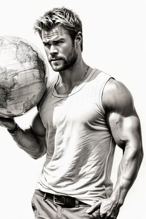 Chris Hemsworth, a Atlas Farnese, holding a huge globe on his shoulders, minimum of clothing, flexing muscles, magnetic, inviting look, winking at passers-by, pencil sketch