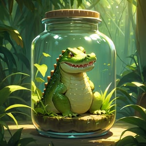 1girl, in a jar, in container, ((A CUTE SMALL crocodile)), smile, jungle background, scenery, animal,Xxmix_Catecat,weird atmosphere, (best quality:1.1), (masterpiece:1.2), high quality shadow, beautiful detailed, (high detailed skin, skin details), (wide_landscape, 8k), beautiful face, detailed eyes, depth of field, dramatic light, best quality, highres, best shadow, best illumination,