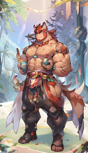 1 kemono mature male, colorful furred, solo, 4K,  masterpiece, ultra-fine details, full_body, thick arms, prominent ear, thick eyebrow, Argus-eyed, big_muscle,  muscular thighs, tall, Muscular, stocky,
Japanese summer fastival,rha30