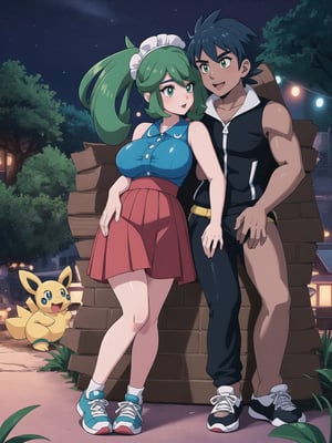 HD Quality, Pokémon Arceus Switch Style. | A charming 20-year-old Pokémon trainer, wearing a snug sleeveless white shirt, accordion-pleated red skirt, and black sneakers, stands out in the night forest park. Her blue hair, with an imposing fringe and two pigtails, is accentuated by a headband. She adopts a sensual pose, interacting with two Pokémon, one aquatic and the other terrestrial, amidst modern and natural structures of logs and bricks. | The camera, very close, focuses on every detail of the trainer's body and the interaction with the Pokémon. | Night effects highlight the vibrant colors of the Pokémon and the soft illumination of the park. | Captivating scene of a Pokémon trainer interacting with her companions in a night park. | She is adopting a ((sensual pose as interacts, boldly leaning on a large structure in the scene, leaning back in a sensual way, adding a unique touch to the scene.):1.3), ((full body image)), perfect hand, fingers, hand, perfect, better_hands, More Detail,