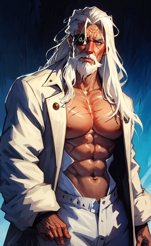 One old man, "beard long", white hair, long_hair, scar on left eye, eye patch left, big_muscle, bare chest no shirt 