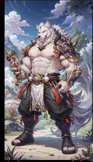 1 kemono mature male,  wolf, solo, 4K,  masterpiece, ultra-fine details, full_body, thick arms, prominent ear, thick eyebrow, Argus-eyed, big_muscle,  muscular thighs, tall, Muscular,
Japanese summer fastival