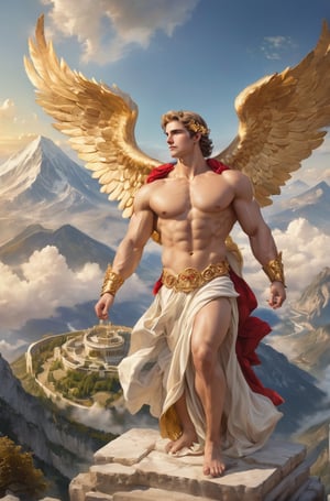 Stunning god Apollo on Mount Olympus,  handsome,  muscular,  Apollo nude,  perfect muscular body,  muscular arms,  muscular chest,  narrow waist,  narrow hips,  (golden wreath on the head),  red stole over the shoulder with gold buckles,  divine,  unearthly,  golden hour,  Mount Olympus,  landscape,  radiant light,  epic,  radiance,  majestic,  clouds,  marble columns,  gold jewelry,  classical art style,  (long shot)::1.1,  high resolution,  mythical landscape,  charming,  mount olympus,  detailed textures,  Olympus camera,  candyseul,  epicsky,  cloud,  Movie Still, 
