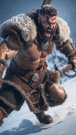 Fighting action close-up shot of a male barbarian with a battle-axe charging into battle, battle-cry taunt, hyper detail, fierce facial expression, handcrafted cloth worn outfit, war paint, battlefield background, snowfall, dramatic cinematic lighting, concept art, unreal engine 5, RTX, ray tracing, photorealistic