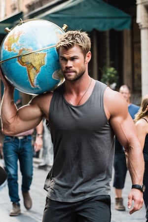 Chris Hemsworth, a Atlas Farnese, holding a huge globe on his shoulders, minimum of clothing, flexing muscles, magnetic, inviting look, winking at passers-by