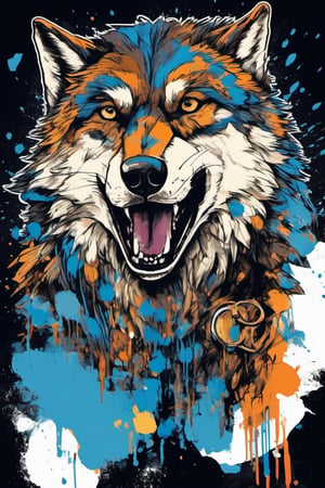 Bits of color, hand drawn, realistic sketch, rough sketch, splatter art, dripping ink, bold line, t shirt design artwork, furry, wolf, holding a sword, stormy sky, perfect circle, flat illustration, vibrant Vector, vector image, vintage painting, white background, 8k
