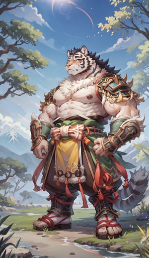 1 kemono mature male,  tiger, solo, 4K,  masterpiece, ultra-fine details, full_body, thick arms, prominent ear, thick eyebrow, Argus-eyed, big_muscle,  muscular thighs, tall, Muscular,
Japanese summer fastival