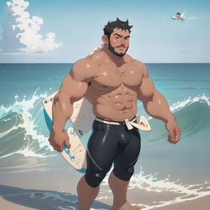 Height, sky, 3D style, , movie, 1 cute man, slighty_chubby, short  hair,  black hair,  (slighty_chubby:1.4) , full_body, (ocean:1.4),male focus,large pectorals,looking_at_viewer, leaping,(naked:1.2), surfing suit, explorer, surfing