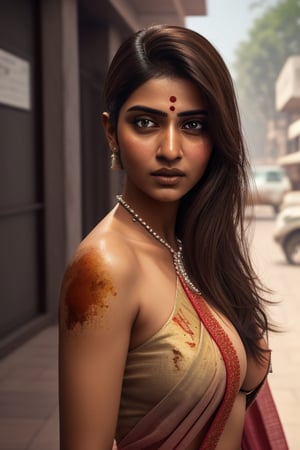 full body photo, A stunning Wide photorealistic image of a brown skin indian sultry look women, heavy Breasted, half saree, standing on a street curb, in delhi Stunning indian giri, fantastic face, beautiful look, detailed hair, ultra focus, face illuminated, face detailed, 8k resolution, watercolor, razumov style, hyperrealism painting concept art of detailed character, 4 k resolution, 
