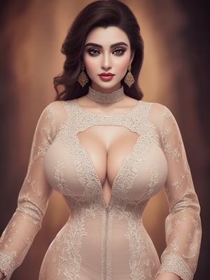 portrait of a tall very busty beautiful women wearing skin tight full lacy net kurta shalwar ,perfect face,perfect eyes,HD details,high details,sharp focus,studio photo,HD makeup,shimmery makeup,celebrity makeup,(( centered image)) (HD render)Studio portrait,magic, magical, fantasy,(huge breast)(large breast), 