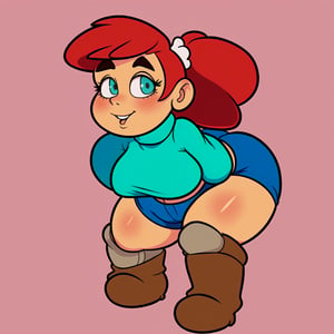 woman with adult features, light tan skin, redhead ponytail, teal turtleneck, puffy gloves, blue shorts, brown fuzzy boots, thicc_thighs, Cartoon