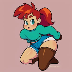 adult muscular woman, light tan skin, redhead ponytail, teal turtleneck, puffy gloves, blue shorts, brown fuzzy boots, thicc_thighs, kneeling with left leg forward, Cartoon