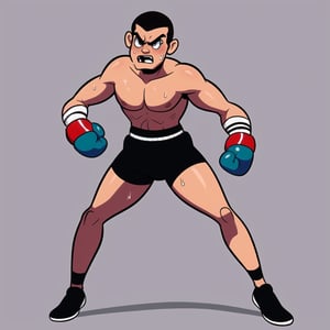 [Adult male, weak sweaty,, slim, sleazy, mullet, square shaped head] 
[Boxing helmet, boxing gloves, boxing shorts, no shirt]
[Geometric, bendy, toy-like, mute color artstyle, full body] Cartoon