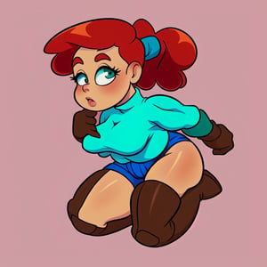 muscular woman, light tan skin, redhead ponytail, teal turtleneck, puffy gloves, blue shorts, brown fuzzy boots, thicc_thighs, kneeling with left leg forward, Cartoon