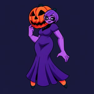 [Old jack-o-lantern-headed lady, covered in vines, big hands] [wearing a dress] [Geometrical, bendy, toy-like mute color artstyle, full body]