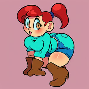 woman with adult features, light tan skin, dot eyes, redhead ponytail, teal turtleneck, puffy gloves, blue shorts, brown fuzzy boots, thicc_thighs, kneeling with left leg forward, Cartoon