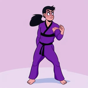 adult wrestler femboy, Asian, long black hair tied in a ponytail, purple barefoot karate outfit, geometrical, bendy, toy-like, mute color artstyle, Cartoon