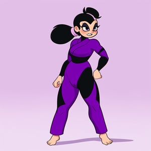 adult wrestler femboy, Asian, long black hair tied in a ponytail, square head shape, purple barefoot karate outfit, geometrical, bendy, toy-like, mute colorartstyle, Cartoon