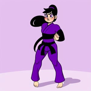 adult wrestler femboy, Asian, long black hair tied in a ponytail, purple barefoot karate outfit, geometrical, bendy, toy-like, mute color artstyle, Cartoon