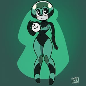 [Physical: Alien woman]  [Costume: Black astronaut suit] [Geometric, bendy, toy-like, mute color artstyle, full body], Cartoon