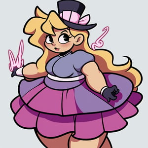 adult woman, fat, taller top hat, blonde hair, skirt (she has powers that allow her to inflagte her body),Cartoon