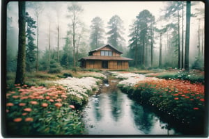 tarkovsky polaroid, in the forest, misty woods, flowers, garden, zen house, zen, nature
