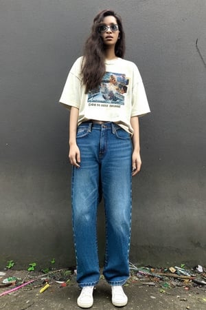 vhs style photograph, vhs artifacts, grainy,  wide angle, bird eye angle, aesthetic girl, pretty, rock band girl, tangled hair, near slum, park, dark brown hair, indonesian mixed race, jeans, oversized_clothes