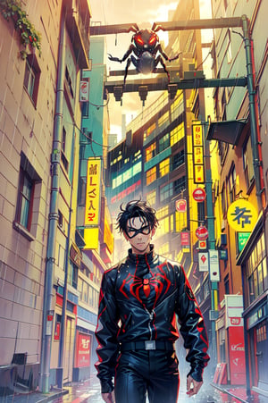 1man, full_body, black_hair, masculine_face, male_face, masculine_body, male_body, very_short_hair, mature, red_eyes, smirk, laugh, detailed, detailed_face, (he is wearing a spider-man 2099 suit that is dark_blue and has a round red spider/crab -symbol on his chest and has a minimalistic futuristic design), (he is holding his spider-man_mask with his hand), relaxed_arms, dark_lighting, (he is standing on a roof top of a very big building, looking_towards_the_viewer, he is viewed from the side, rain_clouds, detailed, dark_lighting, dark_sky, night_sky, night, (there is a lot of rain), focus_on_face, face_close_up, teenager in his 20s, gloomy, demon_eyes, dystopian_skyline in the background, Kamado_Nezuko, Muzan_Kibutsuji