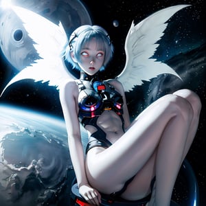 photograph of a little girl, albino, floating in space, bob-hair, blue-hair, red eyes, red_eye, rei_ayanami, popped out of earth, giant body, giant wings
