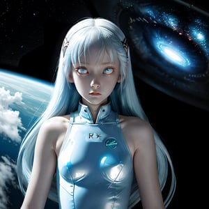 photograph of a little girl, albino, floating in space, very long blue hair, red eyes, redeyes, rei_ayanami