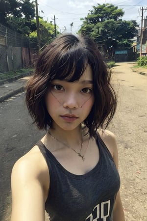 vhs style photograph, vhs artifacts, grainy,  wide angle, selfie, wide angle selfie, aesthetic girl, closed up, pretty, rock band girl, bob_cut, tangled hair, near slum, park, dark brown hair, indonesian mixed race