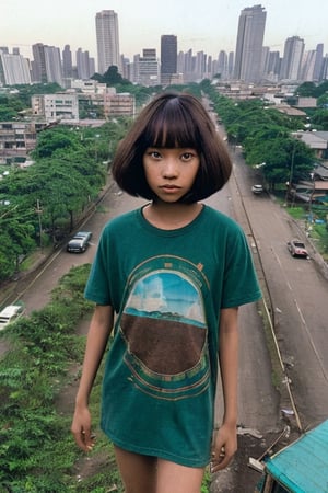 vhs style photograph, vhs artifacts, grainy,  wide angle, bird eye angle, aesthetic girl, pretty, rock band girl, bob_cut, tangled hair, near slum, park, dark brown hair, indonesian mixed race, exotic skin, tropical skin