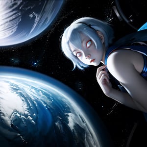 photograph of a little girl, albino, floating in space, bob-hair, blue-hair, red eyes, red_eye, rei_ayanami