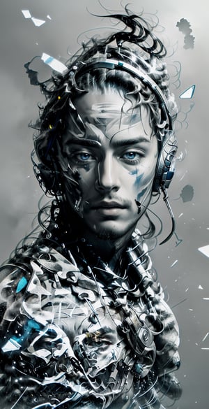(best quality, masterpiece)front portrait of stoned guy,looking to viewer,symetric,tags on face,cybernetic,geometric background,headphones,
