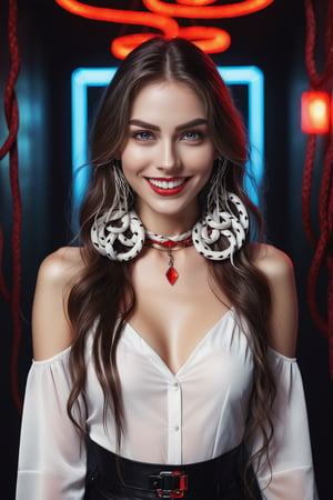 masterpiece, high quality, aesthetic , portrait ,american shot,woman with evil smile, long hair,white eyes,white snakes around the neck, intricate detailed, graceful and beautiful textures, RAW photo, high contrast ,neon prism details,High detailed,red gradient ,Female,nodf_lora,girl