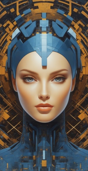 (best quality, masterpiece) portrait of cyber girl,looking to viewer,symetric,,cybernetic,geometric background,