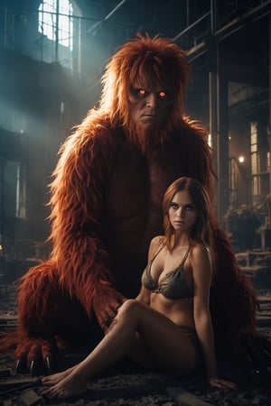 4k, UHD, HDR, (Masterpiece:1.5), (best quality:1.5), ultra detailed, cinematic photo, natural light, detailed reflection light, dark fantasy art, ((horror and dramatic)), 18 years old girl, wearing bikini, big boobs, shaggy breast, large breast, sitting on the monster in human form in the ruined factory, they are romantic couple, touching each other, ((redish glowing eyes), magical circle behind, Movie Still, closeup, monster,