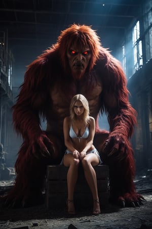 4k, UHD, HDR, (Masterpiece:1.5), (best quality:1.5), ultra detailed, cinematic photo, natural light, detailed reflection light, dark fantasy art, ((horror and dramatic)), 18 years old girl, wearing bikini, big boobs, shaggy breast, large breast, sitting on the monster in human form in the ruined factory, they are romantic couple, touching each other, ((redish glowing eyes), magical circle behind, Movie Still, closeup, monster,