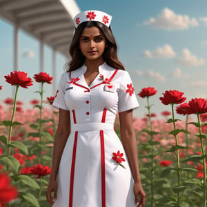 sexy nurse, white nurse dress, cinematic film still (Raw Photo:1.1) of (Ultrarealistic:1.1), blurry, blurry_background, long_hair, looking_at_viewer, midriff, navel, photorealistic, realistic, red_flower, Indian girl, dark skin, oily, wet body, natural big breasts, large breasts, mouth closed, sole_female, nurse_outfit, very_large_breast, big_breasts
 