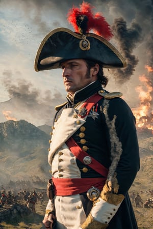 a dramatic image of Napoleon in his military uniform, standing confidently cinematic shot + dynamic composition, incredible detail, sharpness, details + intricate details + professional lighting, film lighting + 35mm + Anamorphic + Lightroom + Cinematography + Bokeh + Flares + Film Grain + HDR10 + 8K + Roger Deakins, ((Cinematic)),greg rutkowski