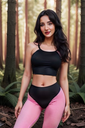 beautiful young nora fatehi, full body view, (tight black cotton panties), ((pink lycra crop top)), long black hair, light smile, youthful, blue eyes, blurred foreground, bokeh forest background, exposed shoulders, best quality, masterpiece, (photorealistic:1.4), 1girl, waist up, dramatic lighting,8k, photorealistic, analog,cartoon