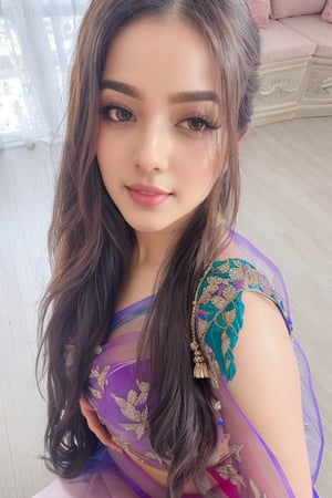 (best quality), (masterpiece), ((realistic), view from top ,(detailed),perfect body, in pink transparent saree,massive boobs, full naked, thick-thighs, curvy_figure, big butt, glowing skin, slutty pose infront of camera, exposed_pussy, cleavage