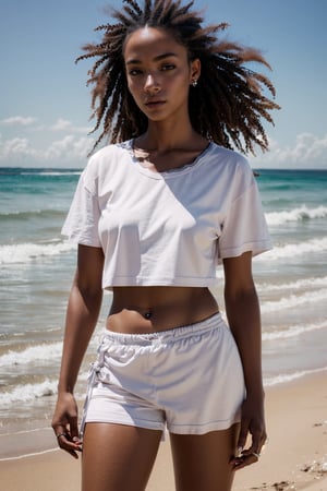 a Caucasian girl 29 year old standing on a beach wearing a white t-shirt,photorealistic