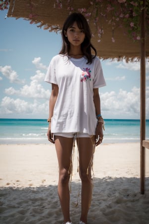 a Caucasian girl 29 year old standing on a beach wearing a white t-shirt,photorealistic, 