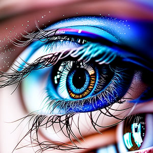 style of Mogan Andrei, blue eye with galaxy in it, close up, macro, black background, realistic, detailed, photography, thematic background, ambient enviroment, epic, candystyle,perfecteyes with a reflection of buildings.